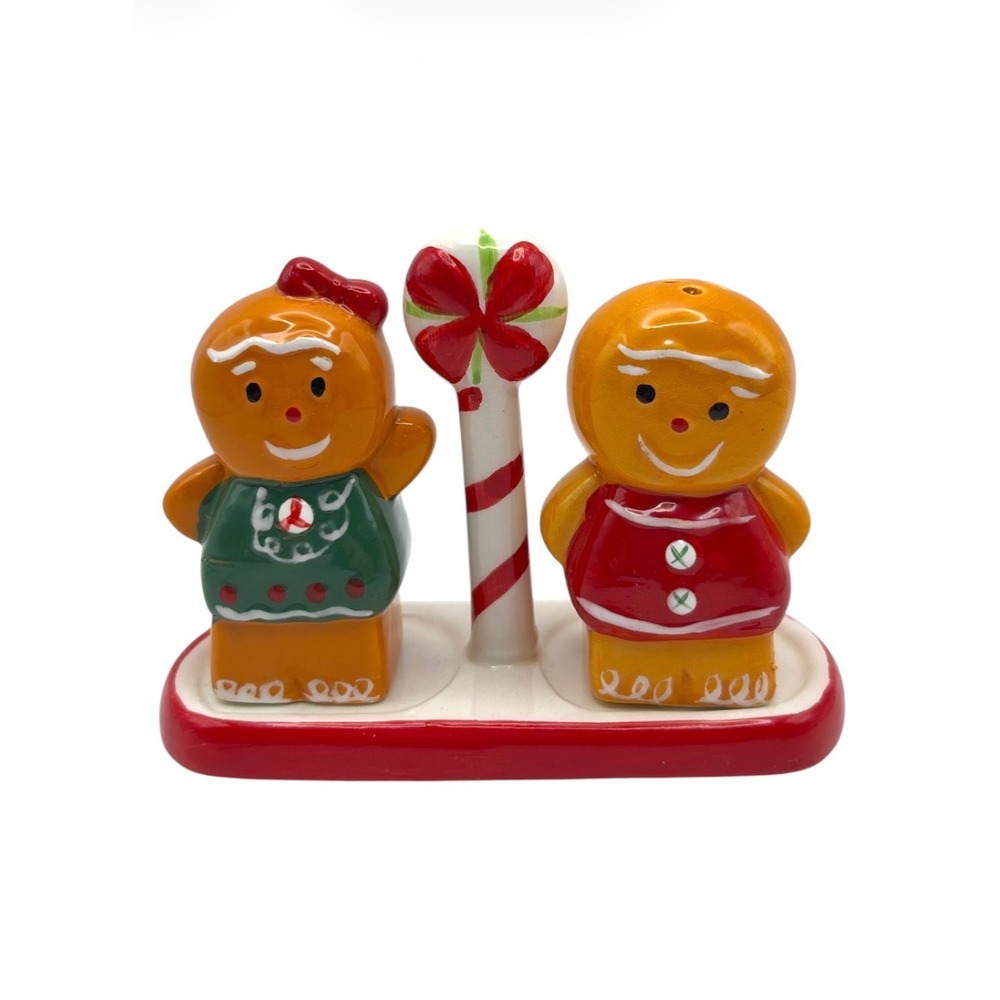 Christmas Gingerbread Boy & Girl Salt and Pepper Shakers Set with Candy Stand